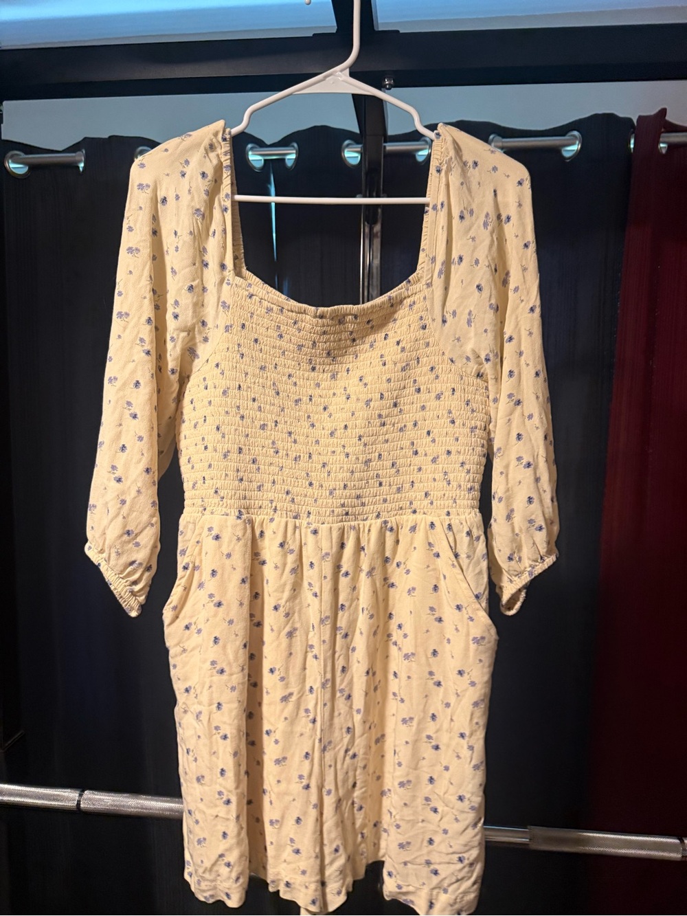 American Eagle Outfitters Cream Yellow Midi Dress with Blue Floral Print
